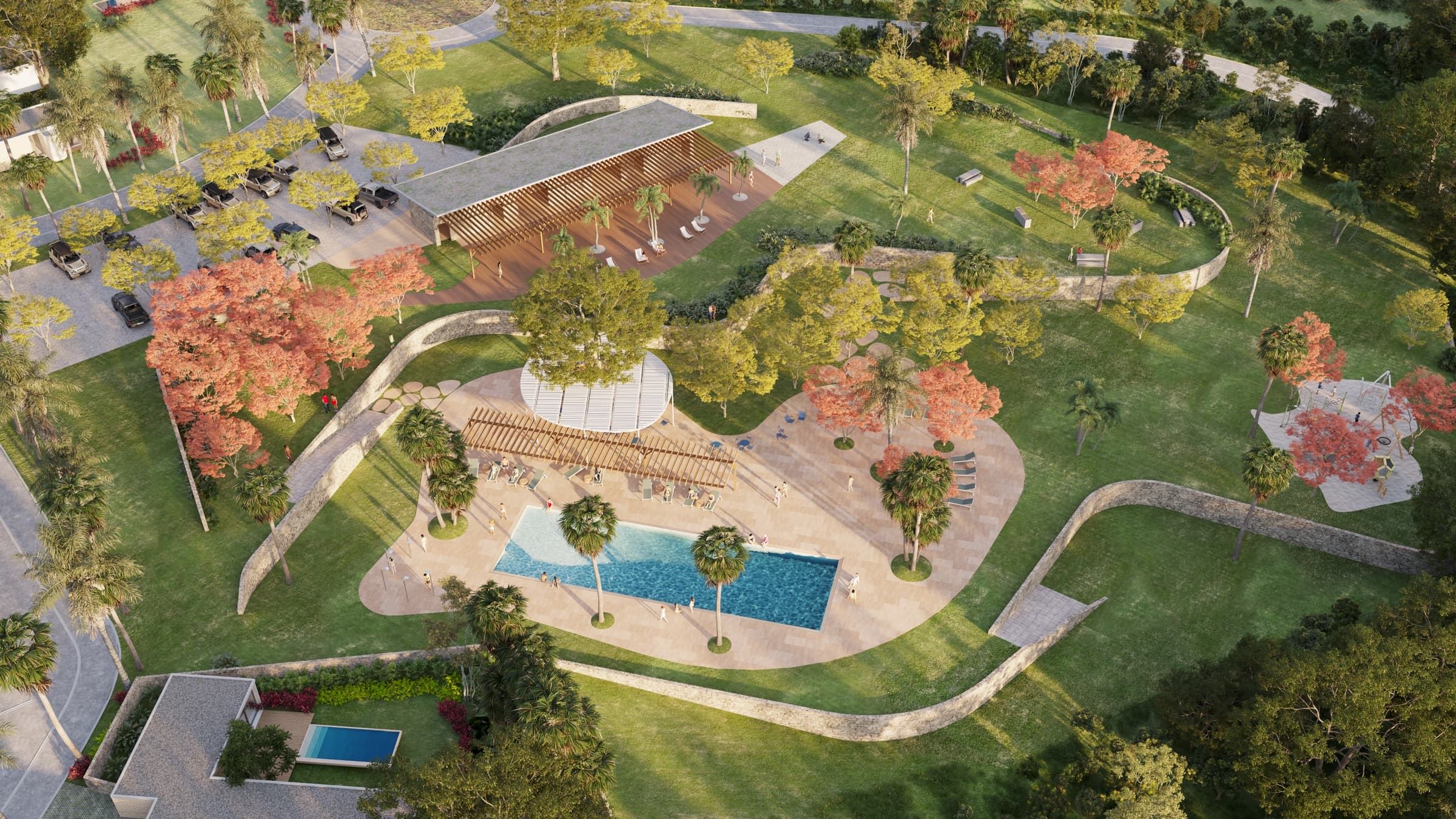 Aerial render of Macao Hills pool and landscaped resort amenities